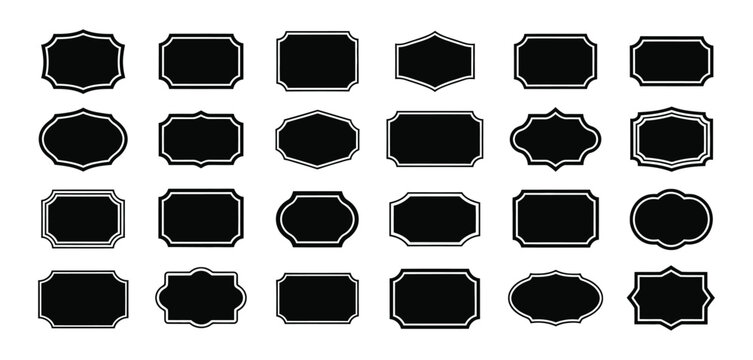 Black decorative label silhouettes, vintage frame shapes, retro outline badges, ornate geometric borders, empty tag design graphics, elegant shield and royal crest emblem vector set for branding and p