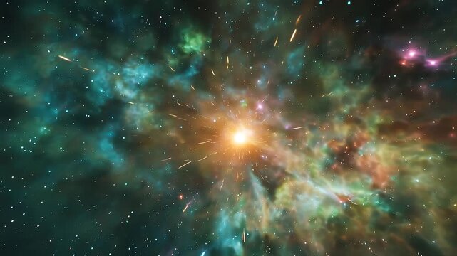 Vibrant supernova explosion with colorful cosmic energy, glowing nebula clouds, and stars in deep outer space. Cinematic sci-fi universe background animation.