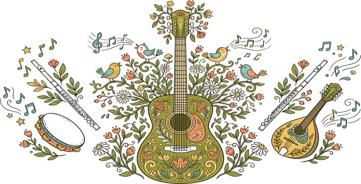 Hand drawn musical instruments doodle background banner with guitar flowers singing birds and flutes vector