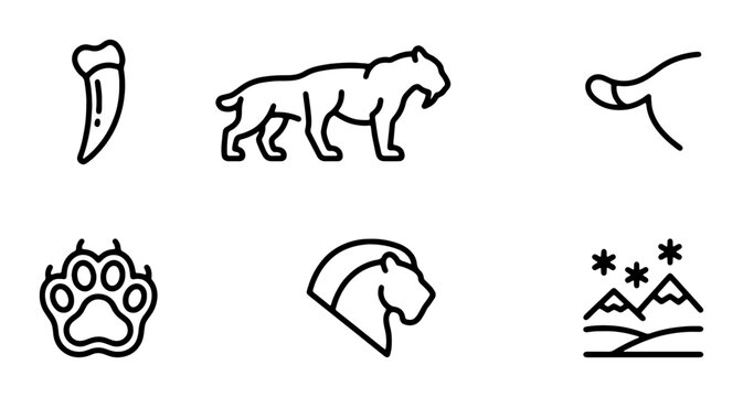 Saber-Toothed Cat Icons, Prehistoric Animal Vector Graphics, Ice Age Wildlife Illustrations, Ancient Mammal Line Art