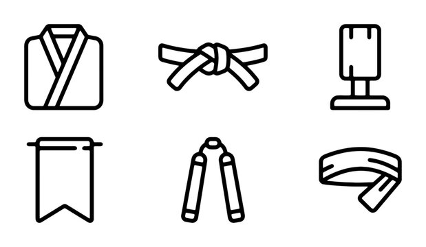 Martial Arts Icons: Karate Gi, Belt, Nunchucks, Punching Bag, Banner, Headband Vector Set