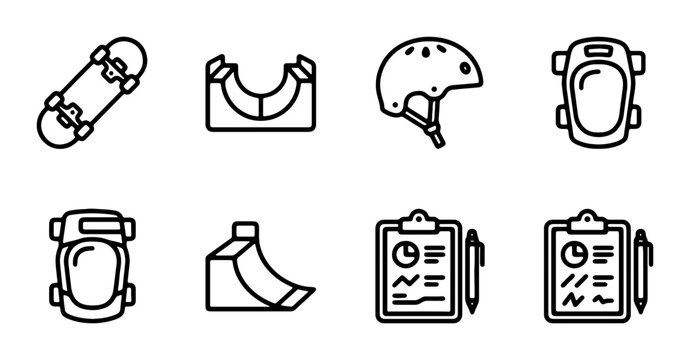 Skateboarding Icons Set: Skateboard, Ramps, Safety Gear, Clipboard Charts