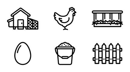 Farm Icons Set: Chicken Coop, Hen, Egg, Pail, Fence, Planter, Vector Graphics © Sohana