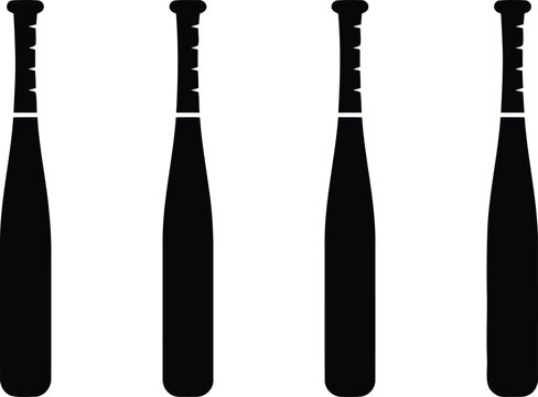 Four black baseball bats lined up in a row, isolated on white background, sport equipment game team