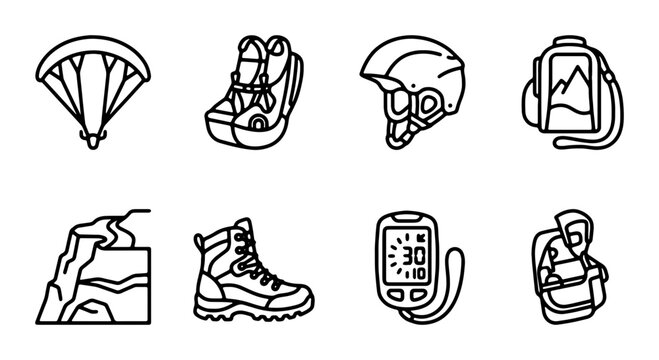 Adventure Gear Icons Set: Parachute, Boots, Helmet, Backpack, Climbing, GPS Device, Hiker