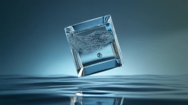 Digital illustration of a transparent cube containing swirling liquid, highlighting the exceptional clarity, dynamic fluidity, and refreshing purity of water in an abstract, serene environment