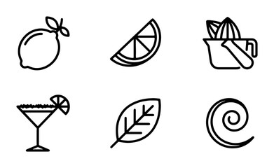 Citrus Fruit Icons: Lemon, Lime Slice, Juicer, Cocktail, Mint Leaf, Swirl Design © Sohana