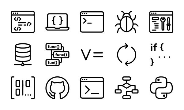 Coding Icons Set, Software Development Symbols, Programming Elements, Technology Icons, Vector Graphics
