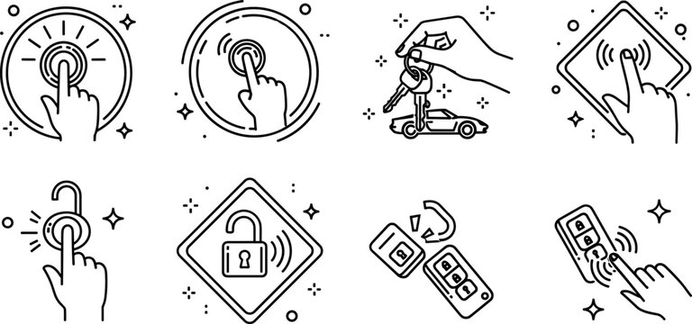 Car Smart Key Remote and Security Access Control Line Art Icon Set with Hand Pressing Button and Wireless Padlock Unlock Symbols