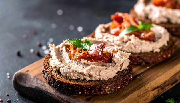 Meat pate crostini. Dark seeded rye bread topped with creamy liver spread and crispy bacon pieces on a rustic board.