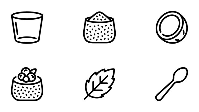 Food Icons Set: Glass, Sugar, Coconut, Sushi, Mint Leaf, Spoon, Vector Graphics