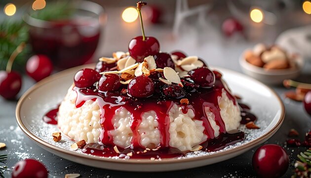 Cherry rice pudding. Sweet creamy dessert topped with rich red cherry sauce whole fruit and sliced almonds.