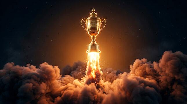 Majestic golden trophy igniting and launching through dense smoke, symbolizing ultimate victory and ambitious aspirations