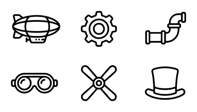 Steampunk Icons: Blimp, Gears, Pipes, Goggles, Propeller, Top Hat Vector Set