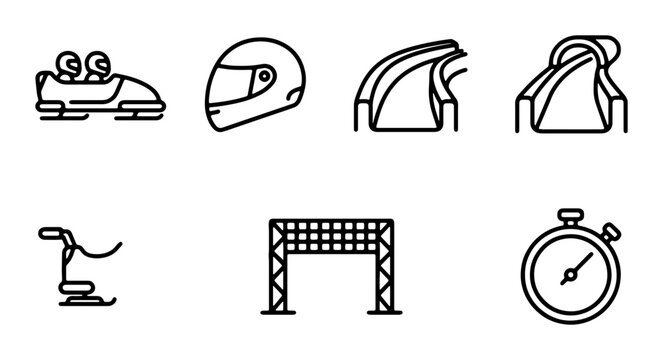 Winter Sports Icons: Bobsled, Helmet, Track, Stopwatch, Start Gate, Vector Set