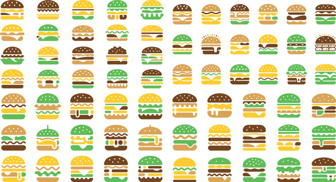 Various colorful cartoon hamburger icons on white background for food design