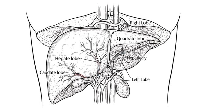 Detailed anatomical diagram of human liver lobes and ducts.