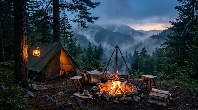 Aesthetic mountain camping setup during evening twilight, glowing bonfire used for grilling food.