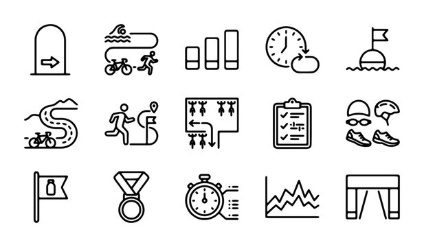 Triathlon Icons Set: Running, Cycling, Swimming, Training, Competition, Sport Graphics