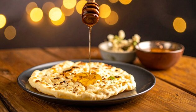 Honey pouring flatbread. Golden syrup dripping beautifully onto warm bread with a bokeh background.