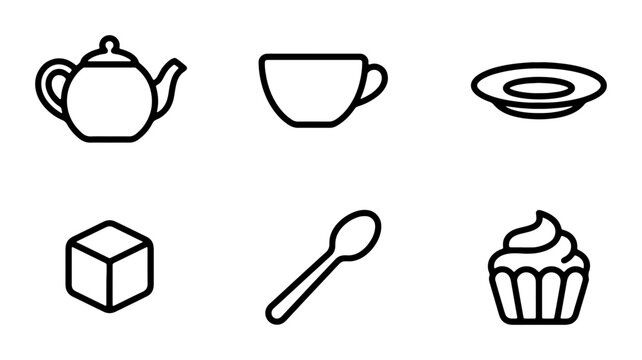 Tea Set Icons, Cupcake, Sugar Cube, Spoon, Plate, Teapot, Simple Line Art Collection