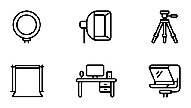 Photography Studio Icons Set, Lighting Equipment, Tripod, Backdrop, Desk, Computer, Teleprompter