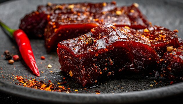 Spicy beef jerky. Close up of sweet and spicy dried meat slices with chili flakes and sticky glaze.