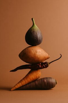 Artistic Sculptural Vegetable Totem Stack with Dark Fig, Sweet Potato, Dried Chili and Heirloom Carrots Balanced Against Rich Terracotta Background, Grounding Hues Earthy Tone Food Art Photography
