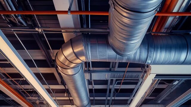Industrial building ceiling displaying a complex network of air conditioning ducts, metal pipes, electrical conduits, and cable trays, creating an intricate ventilation and engineering system above