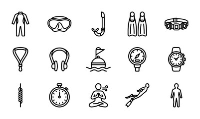 Scuba Diving Icons Set, Underwater Exploration Equipment, Water Sports Gear, Vector Graphics © Roksana