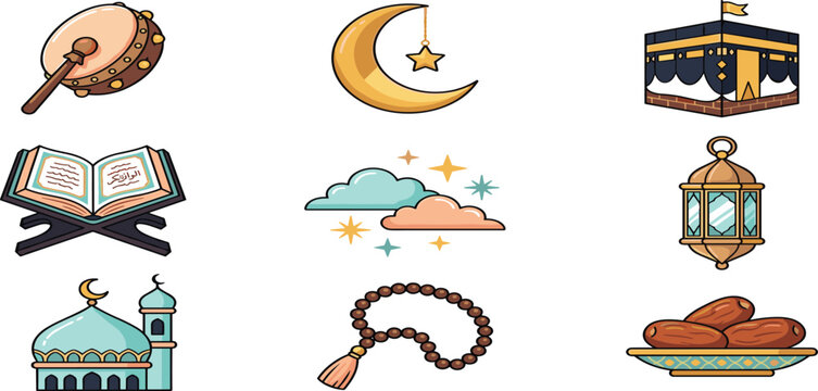 Islamic holiday doodle icon set with kaaba quran bedug drum mosque lantern and dates vector