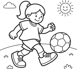 Obraz premium Little girl with ponytail playing soccer on sunny day landscape outline vector illustration for children coloring page.