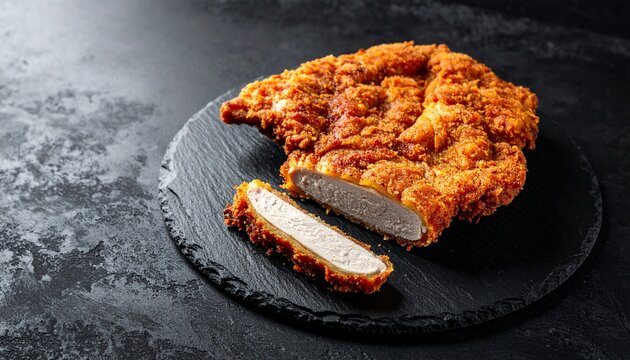 Breaded chicken schnitzel. Crispy fried meat cutlet sliced on a dark slate board background.