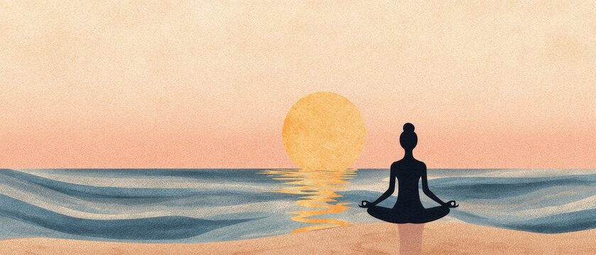 Meditative yoga practice at sunset beach silhouette of a yogi calm ocean serene environment inspirational concept