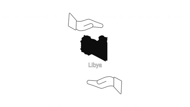 Libya map outline held by open hands, symbolizing support and aid.