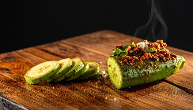 Sliced zucchini with fried shallots. Appetizing green squash slices topped with crispy fried onions and herbs on a wooden cutting board.