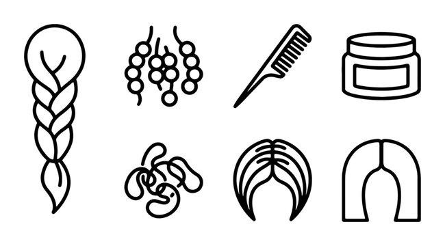 Hair Styling Icons: Braids, Curls, Comb, Cream, and Haircuts Vector Set