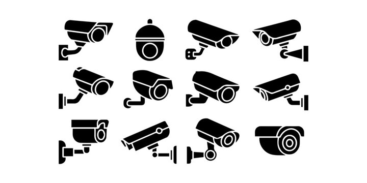 Surveillance camera icons set. showing various security equipment designs on white background.