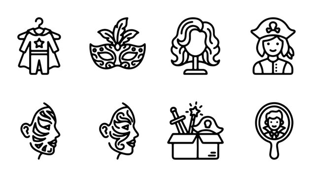 Costume Party Icons: Masquerade, Pirate, Superhero, Wig, Face Paint, Mirror, Treasure Chest