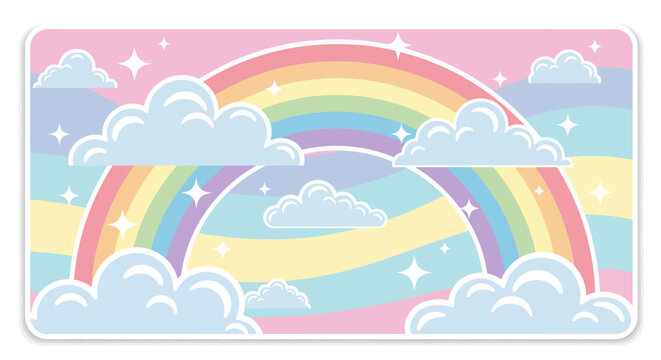 Whimsical Pastel Rainbow Sky with Fluffy Clouds and Sparkling Stars