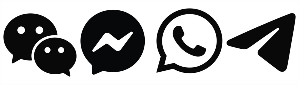 Set of popular social media black flat minimalist messaging logos including wechat messenger whatsapp and telegram isolated on white background