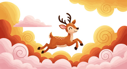 Fototapeta premium A cute deer jumps joyfully through stylized clouds.