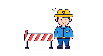 Cartoon police officer stands by a construction barrier © Irma