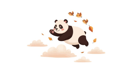 Cute panda character flying with birds and leaves in autumn sky. © Irma