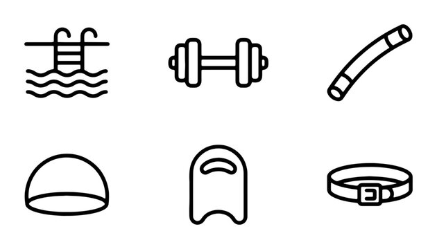 Fitness and Swimming Icons, Exercise Equipment, Pool Gear, Sports Equipment, Vector Set