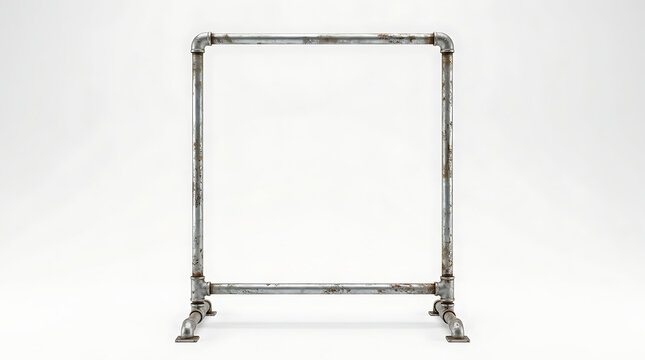 Industrial rust metal frame structure on a pristine white background, old weathered pipe stand