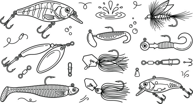 Fishing lures line icons vector set featuring realistic spinners crankbaits soft plastics hooks water splashes and tackle elements.
