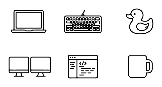 Minimalist Tech and Office Icons: Laptop, Keyboard, Monitors, Code, Mug, Rubber Duck