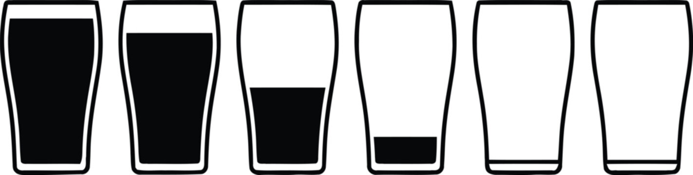 Six glasses showing different levels of dark liquid fill, from full to empty drink