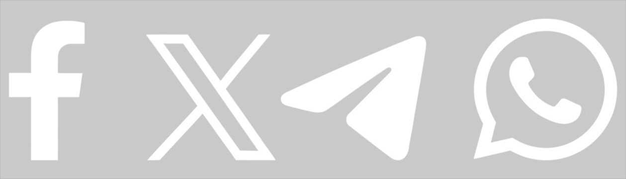 Set of popular social media white flat minimalist logos including facebook x telegram and whatsapp isolated on grey background